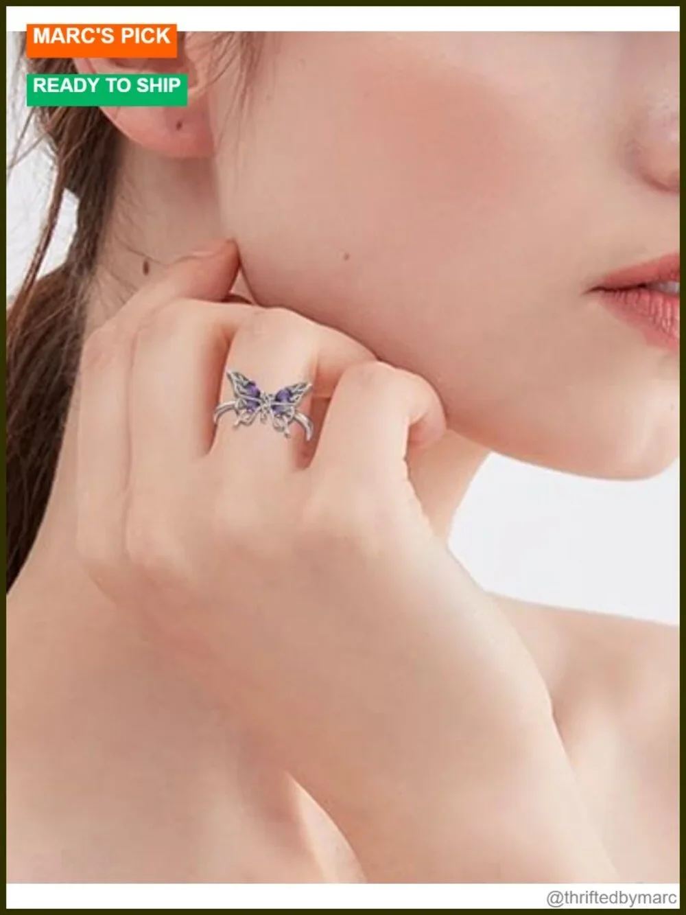 Sterling Silver 18K White Gold Plated Butterfly Birthstone Statement Band Ring